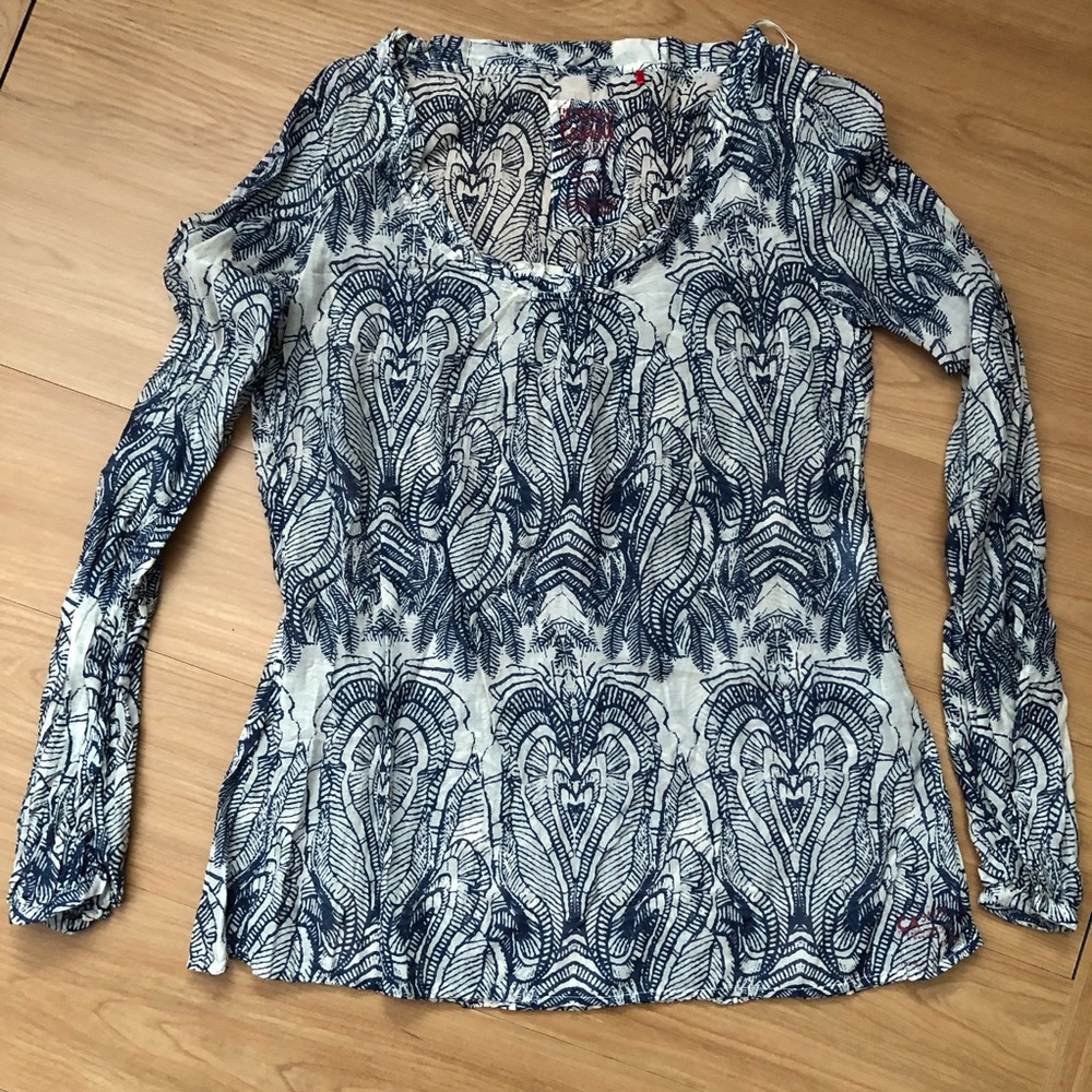 Blue/white crinkled style long sleeve light blouse, ESPRIT,  S, Cotton-silk mix